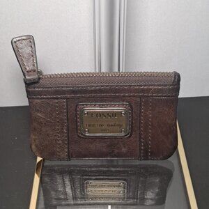 Fossil Leather Key Chain Id Coin Purse Credit Card Holder Burgundy Zip Button